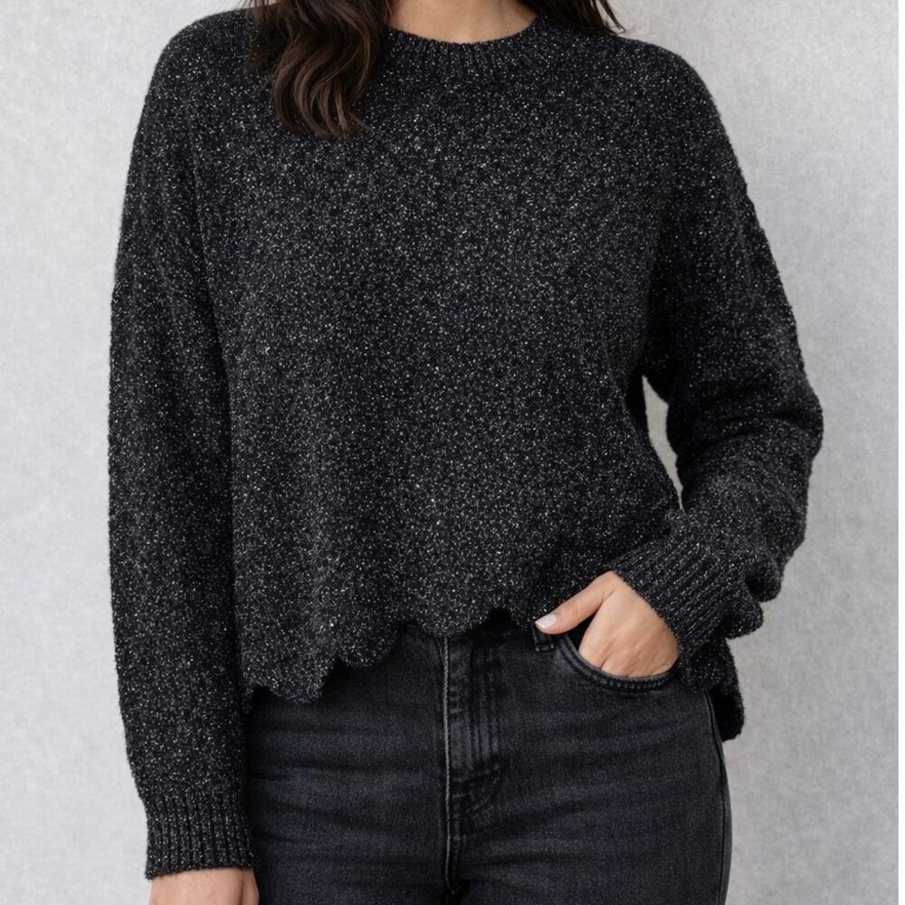 NWOT P. Cill M Black Lurex Silver Sparkle Metallic Chunky Scallop Edge Sweater